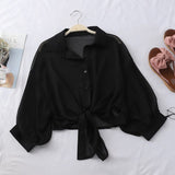 themeisles Chiffon Shirts Women Summer Half Sleeve Buttoned Up Shirt Loose Casual Blouse Tied Waist Elegant Blouses For Women