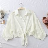 themeisles Chiffon Shirts Women Summer Half Sleeve Buttoned Up Shirt Loose Casual Blouse Tied Waist Elegant Blouses For Women