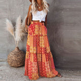 Summer High Waist Long Printed A-Line Skirt Floral Skirt Women Casual Beach Faldas Female Boho Elastic Waist Holiday Maxi Skirts