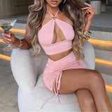 themeisles Hollow Out Two Piece Set Halter Crop Top And Drawstring Mini Skirts 2 Pieces Sets Women Summer Slim Outfits