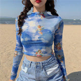 themeisles Angel Print Sheer Blue Black Mesh Long Sleeve Blouse Shirts Women Spring Summer Pullovers Elegant Sexy See Through Tops