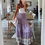 Summer High Waist Long Printed A-Line Skirt Floral Skirt Women Casual Beach Faldas Female Boho Elastic Waist Holiday Maxi Skirts