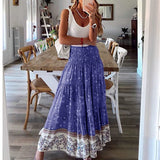 Summer High Waist Long Printed A-Line Skirt Floral Skirt Women Casual Beach Faldas Female Boho Elastic Waist Holiday Maxi Skirts