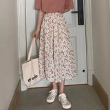 themeisles Vintage Floral Print A-line Pleated Long Skirts Summer Women Korean Skirt Streetwear Drawstring Elastic Waist Midi Skirt