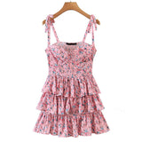 themeisles Sweet Women Floral Print Sexy Sling Cake Dress Ladies Summer Holiday Chiffon Robe Short Vestido