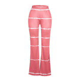 themeisles Summer Women Casual Flare Pants Milk Silk High Waist Sexy Wide Leg Elastic Stripe Trousers Fashion Soft Stretchy Loose Bottoms