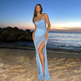 themeisles Sleeveless Halter Strap See-Through Pleat Slit Backless Sexy Dress Summer Women Streetwear Club Party Y2K