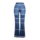 themeisles Summer Women Casual Flare Pants Milk Silk High Waist Sexy Wide Leg Elastic Stripe Trousers Fashion Soft Stretchy Loose Bottoms