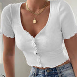 themeisles Summer Sexy Women V-neck Crop Tops Short Sleeve Ruffle T-shirt Clubwear Buttons Bodycon Solid T-shirt Femme Outwear Tee Shirt