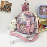 themeisles New Summer Bucket Bag Women Plaid Nylon Bag Girls Small Crossbody Bags Handbag Mobile Phone Bag Drawstring Shoulder Bag Bolsos