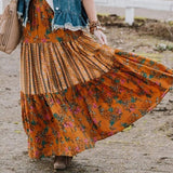 themeisles Summer Long Patchwork Print A-Line Skirt Floral Skirt Women Casual Beach Faldas Female Boho Elastic Waist Holiday Maxi Skirts