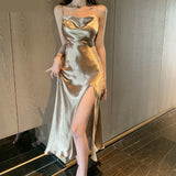 themeisles Women Dress Elegant Summer Satin Champagne Chic Mid-calf Side Slit Temperament Simple Solid Gown French Style Spaghetti Strap