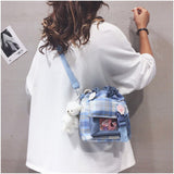 themeisles New Summer Bucket Bag Women Plaid Nylon Bag Girls Small Crossbody Bags Handbag Mobile Phone Bag Drawstring Shoulder Bag Bolsos