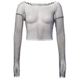 themeisles Crystal Diamond See Through Crop Tops Summer Women Hollow Out Beachwear Tops Shiny Sexy Fashion Party Club Top