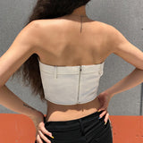 themeisles White Strapless Cropped Tube Top Women Sexy Backless Boob Tube Crop Tops Zipper Black Thread Camisole Summer