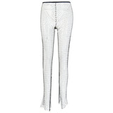 themeisles Crystal Diamond Shiny Women Pants Summer New Fashion Hollow Out Fishnet Wide Leg Trousers Sexy See Through Beach Pant