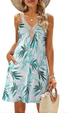 THEMEISLES Cross-Border Women's Summer Beach Lace V-neck Tank Dress Casual Tropical Printing Short Sleeveless Dress