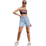 35005#   Women's Clothing European and American Ins Spring and Summer Fashion High Waist Loose and Slimming Raw Edge Denim Shorts