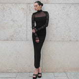 2025 H24DS124  women's clothing autumn new sexy mesh see-through shoulder padded high-neck long-sleeved high-waisted long dress