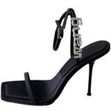 Summer New One-Strap King Sandals Women's Open Toe Rhinestone Letters Black Sexy Silk High Heels