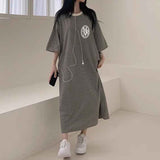 2025 THEMEISLES Manufacturer Korean version striped short-sleeved t-shirt dress women's summer tide brand pure cotton medium and long casual long skirt large size