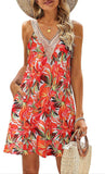 THEMEISLES Cross-Border Women's Summer Beach Lace V-neck Tank Dress Casual Tropical Printing Short Sleeveless Dress