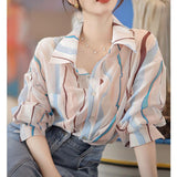 THEMEISLES Abstract Printing Shirt Women's Thin Spring and Autumn Loose Slimming Lapel Unique Top Striped Shirt Fashion