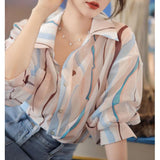 THEMEISLES Abstract Printing Shirt Women's Thin Spring and Autumn Loose Slimming Lapel Unique Top Striped Shirt Fashion