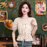 THEMEISLES Colorful Polka Dot Shirt Women's Lace Stitching Coat  Summer New Short-Sleeved Shirt Retro Puff Sleeve Small Shirt