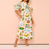 THEMEISLES Independent Station New Summer Elegance European and American Women's Clothing Printed Puff Sleeve Pocket Belt Mid-Length Dress