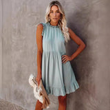 Hot Trade 2024 Summer New European and American Style Women's Clothing  Solid Color Pullover Ruffled Dress Short Skirt