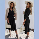 Spring and Summer New   2025 Fashion Strap Waist Medium Sleeve Long Dress Women