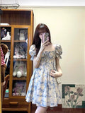 THEMEISLES Tea Break  Style Square Collar Puff Sleeve Floral Dress Women's Summer  New Holiday Waist A- line Skirt