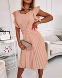 Popular trade  Popular station  summer round neck waist pleated ruffle edge dress women with belt