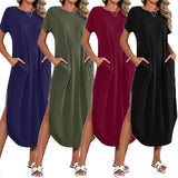 THEMEISLES European beautiful women's short-sleeved super long dress round neck casual loose split end long summer beach shirt with pockets