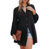 THEMEISLES European and American Spring and Summer New Solid Color Lantern Sleeve Mid-Length Shirt Coat Women's Cross-Border Long Sleeve Sun-Protection Overshirt Top