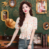 THEMEISLES Colorful Polka Dot Shirt Women's Lace Stitching Coat  Summer New Short-Sleeved Shirt Retro Puff Sleeve Small Shirt