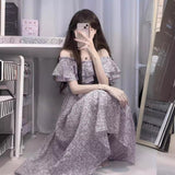 THEMEISLES Style Gentle Wear New Purple Floral Dress Women's Waist Slimming First Love Temperament off-Shoulder Dress