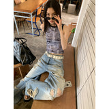 [Lin Lin's Home] American Retro High Street Ripped Jeans Women's 2025 Summer New Loose Wide Leg Casual Trousers