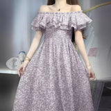 THEMEISLES Style Gentle Wear New Purple Floral Dress Women's Waist Slimming First Love Temperament off-Shoulder Dress