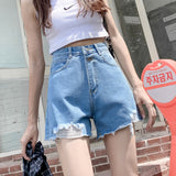 themeisles Internet Celebrity High Waist Double Breasted Denim Shorts Women's  Summer Thin Loose Hole Frayed A- line Wide-Leg Hot Pants a