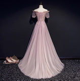 tmallworld Unique Pink Off Shoulder with Lace Long Party Dress, Prom Gown