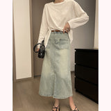 THEMEISLES Lizhiqi Retro High Waist Skirt Spring New Fashion Slimming Front Slit Denim A- Line Skirt Women 240241