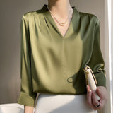 THEMEISLES Elegant Long Sleeve Blouse Women's Early Spring and Summer 24 New Artificial Silk Top Satin Chiffon V-neck Top 3/4 Sleeve