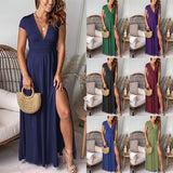 THEMEISLES New Women's Deep V-Neck Short Sleeve Long Dress, Pleated Wrap High Waist Split Party Evening Dress Solid Color Dress