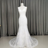 themeisles Elegant V-neckline Mermaid Lace Long Wedding Dress, Beach Bridal Gown