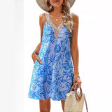 THEMEISLES Cross-Border Women's Summer Beach Lace V-neck Tank Dress Casual Tropical Printing Short Sleeveless Dress