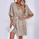 Popular trade 2025 women's clothing   popular summer V-neck short-sleeved waist ruffle dress