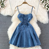 2025 Summer New Lace-up Waist-Controlled Slim Backless Sleeveless Sexy Sweet Denim Sling A- line Dress Women