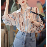 THEMEISLES Abstract Printing Shirt Women's Thin Spring and Autumn Loose Slimming Lapel Unique Top Striped Shirt Fashion